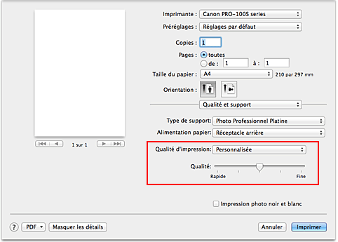 figure : Sélectionnez Personnalisée pour Qualité et support dans la boîte de dialogue Imprimer.