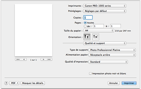 figure : Qualité et support dans la boîte de dialogue Imprimer