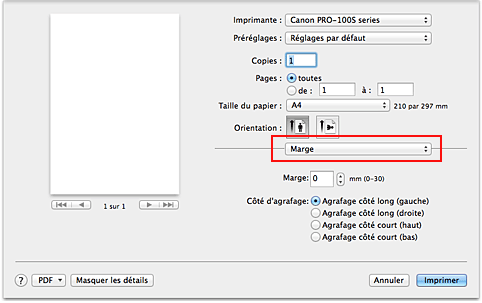 figure : Marge dans la boîte de dialogue Imprimer