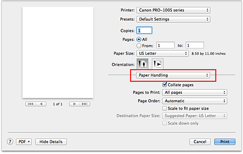 figure:Paper Handling in the Print dialog