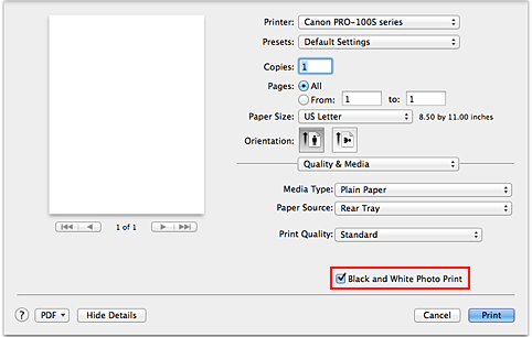 figure:Black and White Photo Print of Quality & Media in the Print dialog