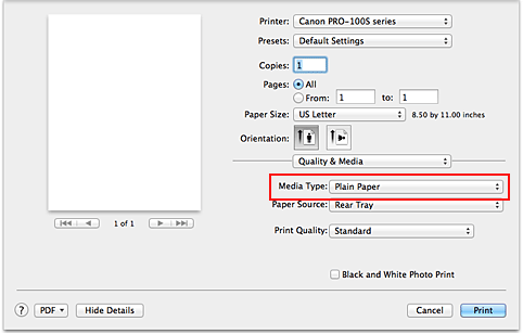 figure:Media Type of Quality & Media in the Print dialog