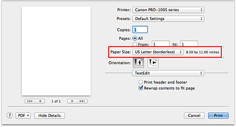 figure:Select XXX (borderless) from Paper Size in the Print dialog