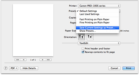 figure:Select Save Current Settings as Preset... from Presets in the Print dialog