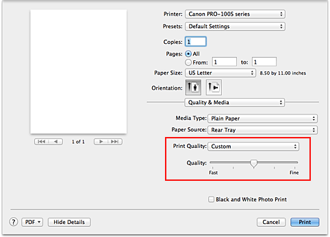 figure:Select Custom from Print Quality of Quality & Media in the Print dialog