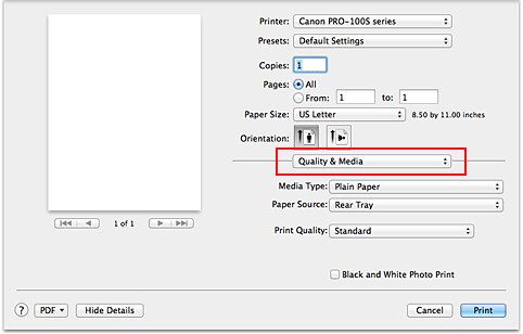 figure:Quality & Media in the Print dialog