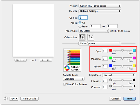 figur: Färgbalans för Färgalternativ i dialogrutan Skriv ut