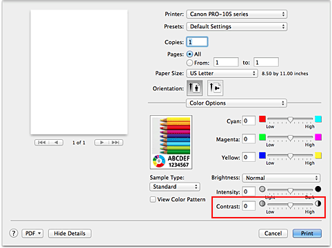 figure:Contrast of Color Options in the Print dialog