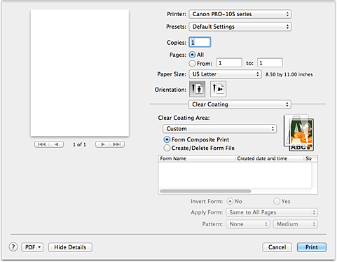 figure:Clear Coating in the Print dialog