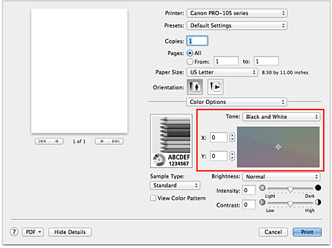 figure:Tone of Color Options in the Print dialog