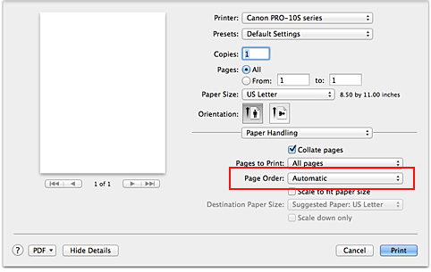 figure:Select Automatic from Page order of Paper Handling in the Print dialog