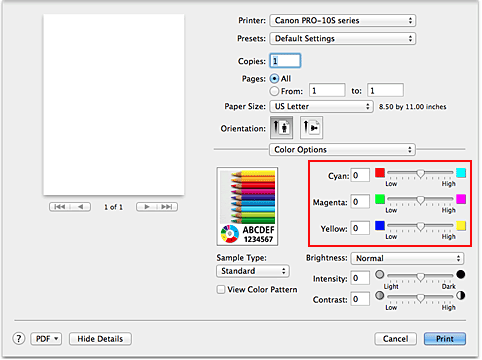 kuva:Väriasetukset-kohdan Väritasapaino Tulostus-valintaikkunassa