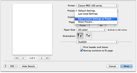 figure:Select Save Current Settings as Preset... from Presets in the Print dialog
