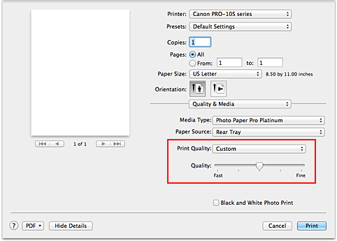 figure:Select Custom from Print Quality of Quality & Media in the Print dialog