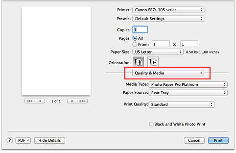 figure:Quality & Media in the Print dialog