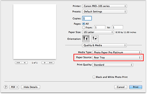 figure:Paper Source of Quality & Media in the Print dialog
