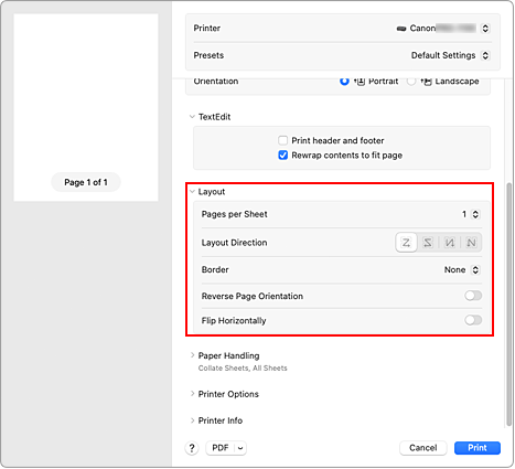 figure:Layout in the Print dialog