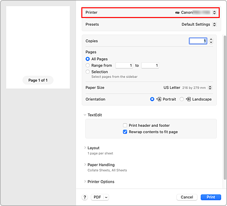 figure:Printer in the Print dialog