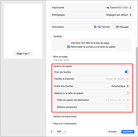 figure&nbsp;:&nbsp;Gestion du papier dans la boîte de dialogue Imprimer