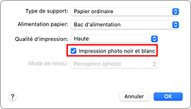 figure&nbsp;: option Impression photo noir et blanc sous Qualité et support dans la boîte de dialogue Imprimer