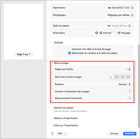 figure&nbsp;:&nbsp;Mise en page dans la boîte de dialogue Imprimer