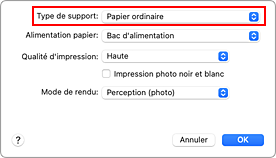 figure&nbsp;:&nbsp;Type de support dans Qualité et support de la boîte de dialogue Imprimer