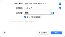 図：プリントダイアログ［品位と用紙の種類］の［モノクロ写真印刷］