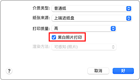插图：打印对话框中&ldquo;质量与介质类型&rdquo;的&ldquo;黑白照片打印&rdquo;