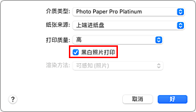 插图：打印对话框中&ldquo;质量与介质类型&rdquo;的&ldquo;黑白照片打印&rdquo;