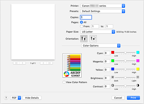 الشكل: خيارات الألوان (Color Options) في مربع الحوار طباعة (Print)