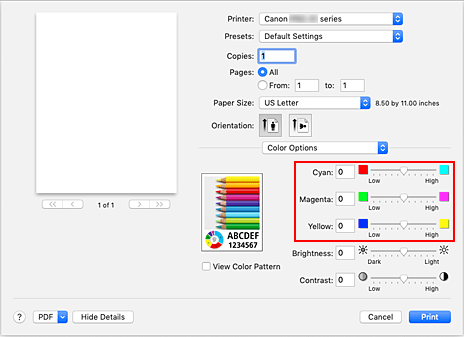 figure:Color balance of Color Options in the Print dialog