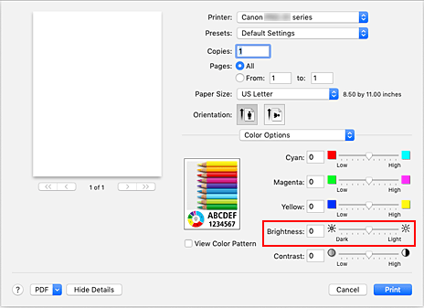 figure:Brightness of Color Options in the Print dialog