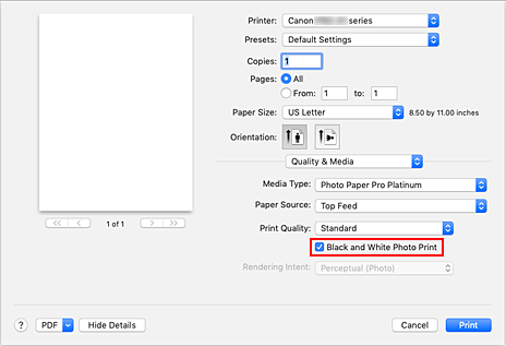 figure:Black and White Photo Print of Quality & Media in the Print dialog