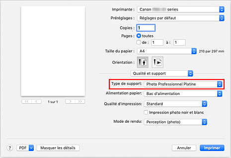 figure : Type de support dans Qualité et support de la boîte de dialogue Imprimer