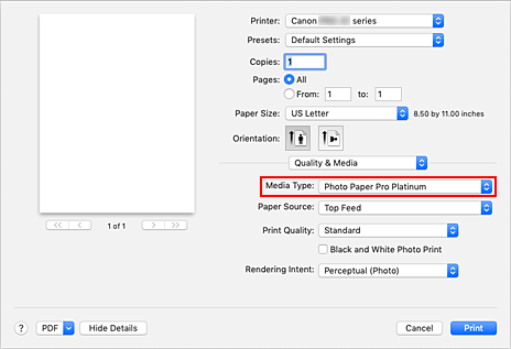 figura: Tipo di supporto per Qualità/Tipo di carta nella finestra di dialogo Stampa
