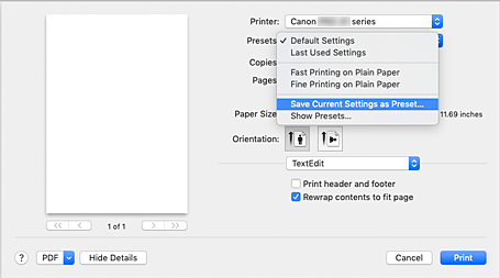 afbeelding: selecteer Huidige instellingen opslaan... bij Instellingen in het dialoogvenster Afdrukken