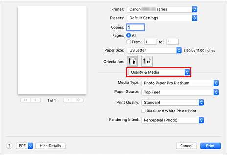 afbeelding: Kwaliteit en media in het dialoogvenster Afdrukken