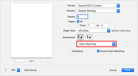 figura: Compatibilidade de Cor na caixa de diálogo Imprimir