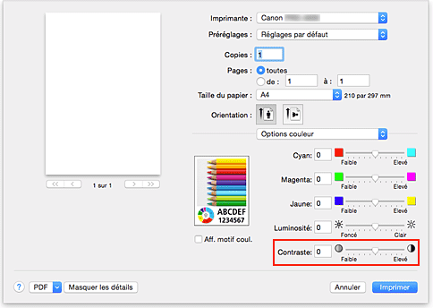 figure&nbsp;: Contraste des options de couleur dans la boîte de dialogue Imprimer
