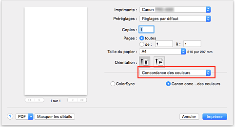 figure&nbsp;:&nbsp;Concordance des couleurs dans la boîte de dialogue Imprimer