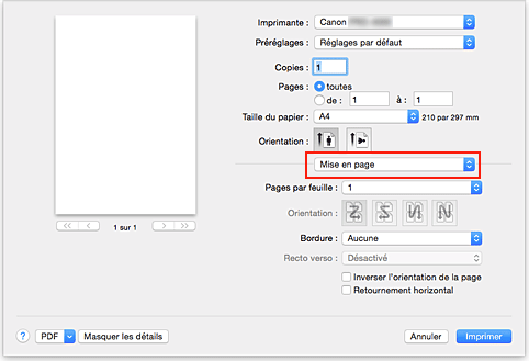 figure&nbsp;:&nbsp;Mise en page dans la boîte de dialogue Imprimer