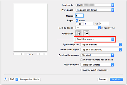 figure&nbsp;:&nbsp;Qualité et support dans la boîte de dialogue Imprimer