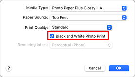 الشكل: طباعة صور أبيض وأسود (Black and White Photo Print) ضمن الجودة والوسائط (Quality & Media) في مربع الحوار طباعة (Print)
