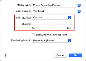الشكل: تحديد مخصص (Custom) من جودة الطباعة (Print Quality) ضمن الجودة والوسائط (Quality & Media) في مربع الحوار طباعة (Print)