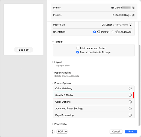 الشكل: الجودة والوسائط (Quality & Media) في مربع الحوار طباعة (Print)