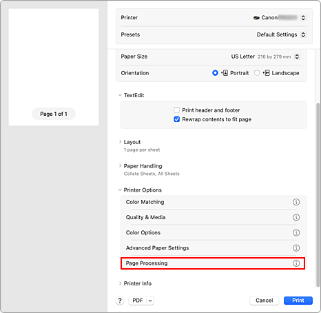 obrázek: Zpracování stránky v dialogovém okně Tisk