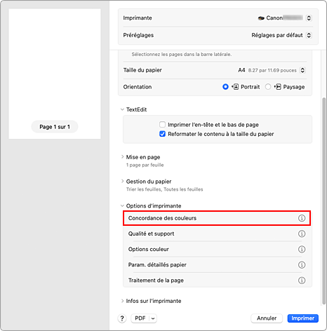 figure&nbsp;:&nbsp;Concordance des couleurs dans la boîte de dialogue Imprimer