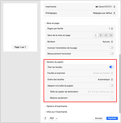 figure&nbsp;:&nbsp;Gestion du papier dans la boîte de dialogue Imprimer
