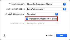 figure&nbsp;: option Impression photo noir et blanc sous Qualité et support dans la boîte de dialogue Imprimer