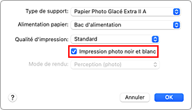 figure&nbsp;: option Impression photo noir et blanc sous Qualité et support dans la boîte de dialogue Imprimer